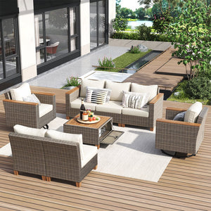 English Elm K&K 8-Piece Wicker Patio Set with 360° Swivel Rockers, Acacia Storage Table, Durable Cushions Beige+Brown N707S000016Z