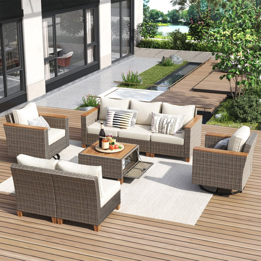 English Elm K&k 8 Piece Outdoor Wicker Sectional Set with Swivel Rockers and Acacia Storage Table Beige+Brown N707S005016Z