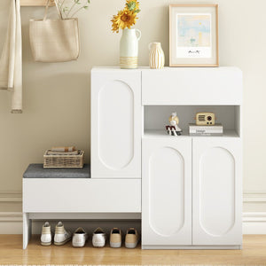 English Elm On-Trend 2-In-1 Shoe Cabinet With Soft Cushion & Arched Doors – Modern Storage Bench For Entryway, White N721P245716K-GIGA