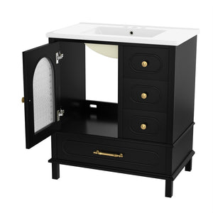 English Elm 30" Freestanding Bathroom Vanity Solid Wood Cabinet Ceramic Basin 3 Drawer Storage Black W1580P382511