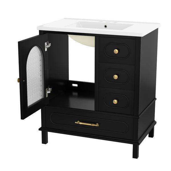 English Elm 30" Freestanding Bathroom Vanity Solid Wood Cabinet Ceramic Basin 3 Drawer Storage Black W1580P382511