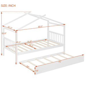 English Elm Twin House Bed Solid Pine Cottage Frame with Pull Out Trundle for Kids Bedroom White N708P309238K