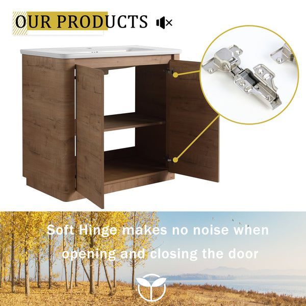 English Elm 36'' Freestanding Bathroom Vanity with White Ceramic Sink, Soft-Close Doors, Plywood, Adjustable Shelves W999P351896
