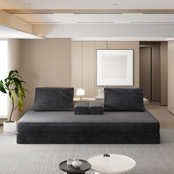 English Elm 86.6"Multifunctional Folding Sofa Bed with Chaise, Fluffy Chenille, Removable Backs & Pillows, Deep Seat Lounge DARK GREY W3219P340667