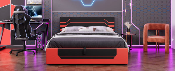 English Elm Modern Cyberpunk Queen Platform Bed Hydraulic Storage Pu Upholstered Gaming Frame Black+Red SF000205AAJ