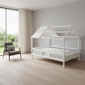 HomeRoots White Wood Full House Bed – Modern Platform Design, Durable Slats, Sleek Look for Stylish Bedrooms 602023