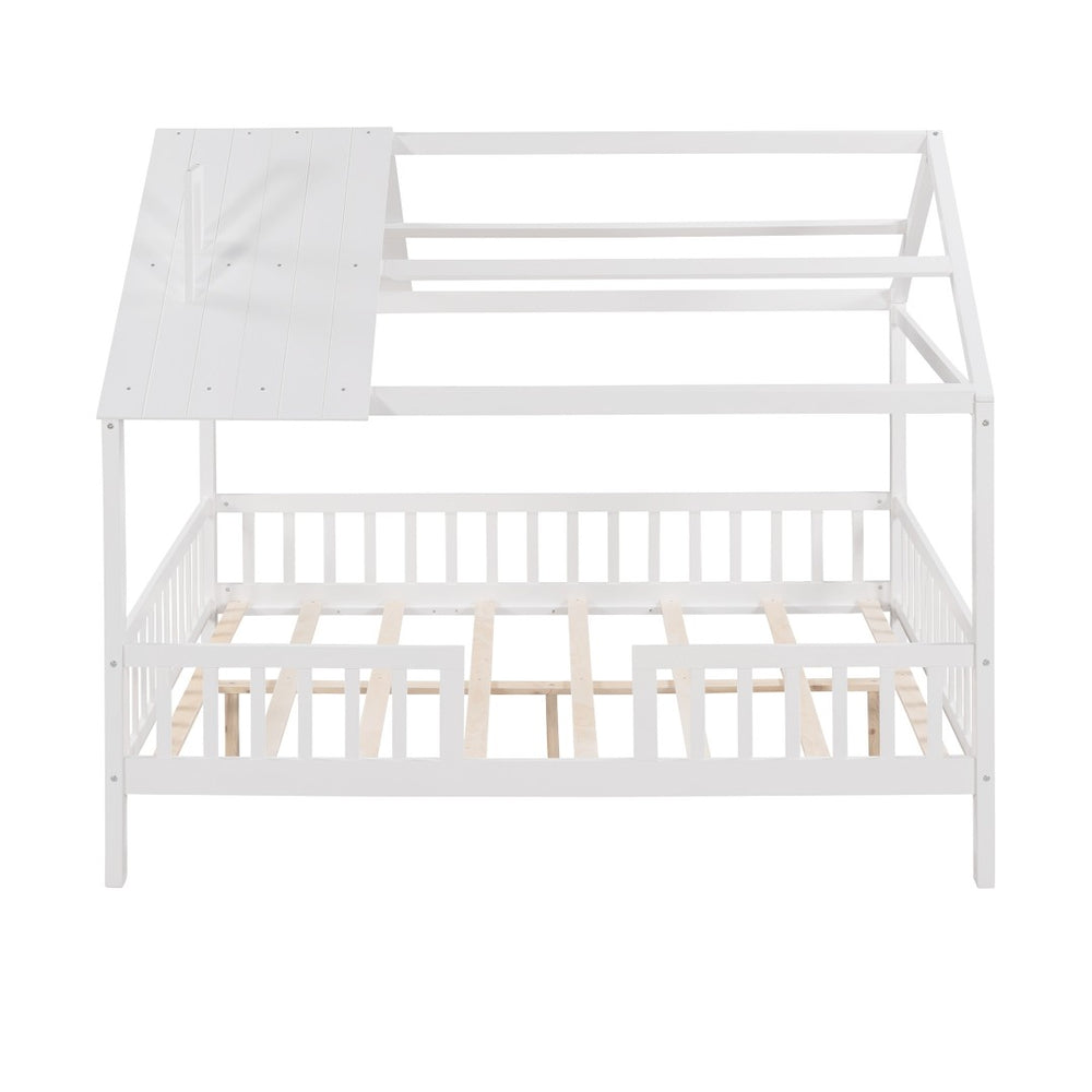 HomeRoots White Wood Full House Bed – Modern Platform Design, Durable Slats, Sleek Look for Stylish Bedrooms 602023