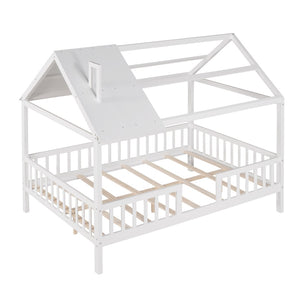 HomeRoots White Wood Full House Bed – Modern Platform Design, Durable Slats, Sleek Look for Stylish Bedrooms 602023