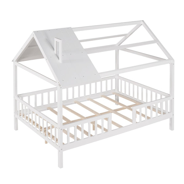 HomeRoots White Wood Full House Bed – Modern Platform Design, Durable Slats, Sleek Look for Stylish Bedrooms 602023