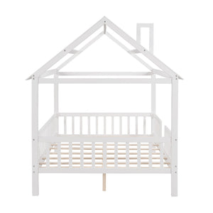 HomeRoots White Wood Full House Bed – Modern Platform Design, Durable Slats, Sleek Look for Stylish Bedrooms 602023