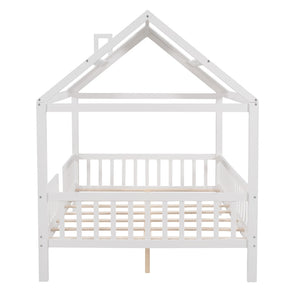 HomeRoots White Wood Full House Bed – Modern Platform Design, Durable Slats, Sleek Look for Stylish Bedrooms 602023