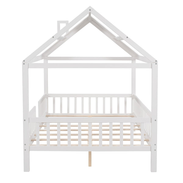 HomeRoots White Wood Full House Bed – Modern Platform Design, Durable Slats, Sleek Look for Stylish Bedrooms 602023