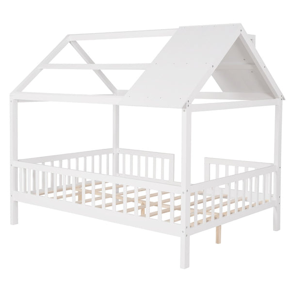 HomeRoots White Wood Full House Bed – Modern Platform Design, Durable Slats, Sleek Look for Stylish Bedrooms 602023