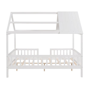 HomeRoots White Wood Full House Bed – Modern Platform Design, Durable Slats, Sleek Look for Stylish Bedrooms 602023