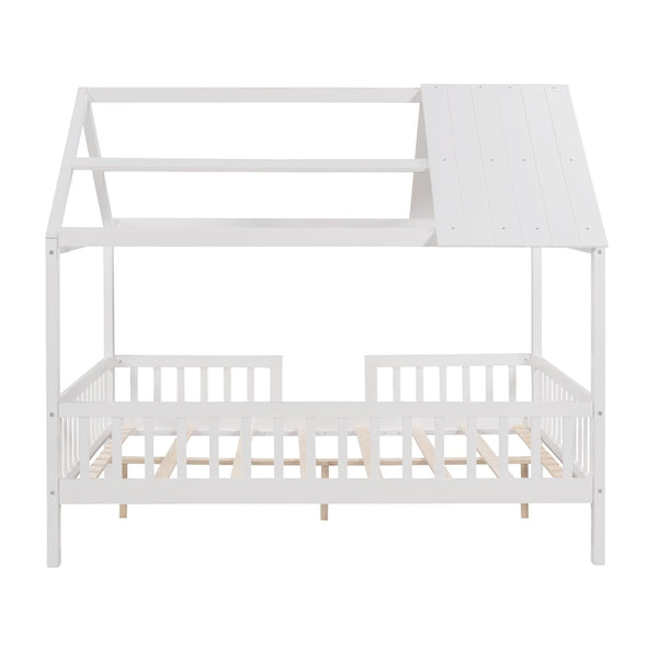 HomeRoots White Wood Full House Bed – Modern Platform Design, Durable Slats, Sleek Look for Stylish Bedrooms 602023