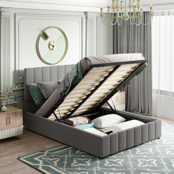 HomeRoots Gray Tufted Linen Upholstered Full Bed Frame - Modern Design, Sturdy Support, No Box Spring Needed! 602024