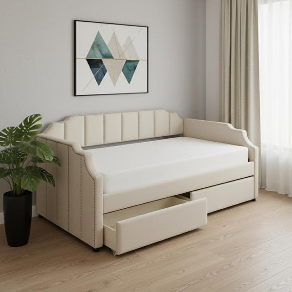 HomeRoots Beige Upholstered Twin Bed Frame - Modern Design, Durable Support, Perfect for Guest & Kids' Rooms 602025