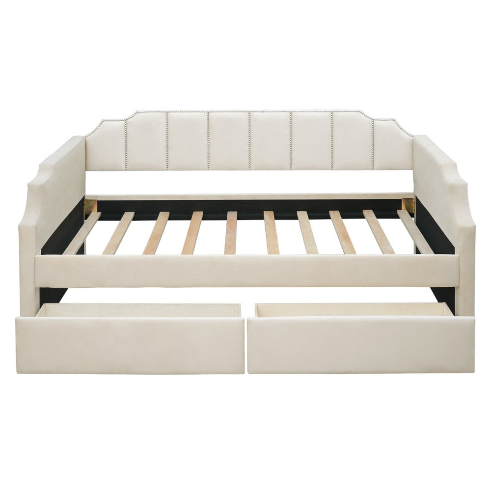 HomeRoots Beige Upholstered Twin Bed Frame - Modern Design, Durable Support, Perfect for Guest & Kids' Rooms 602025