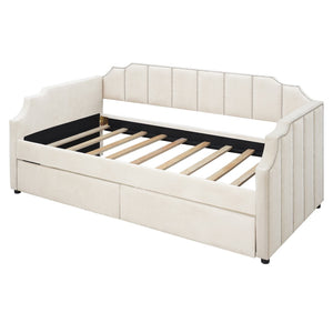 HomeRoots Beige Upholstered Twin Bed Frame - Modern Design, Durable Support, Perfect for Guest & Kids' Rooms 602025