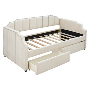 HomeRoots Beige Upholstered Twin Bed Frame - Modern Design, Durable Support, Perfect for Guest & Kids' Rooms 602025
