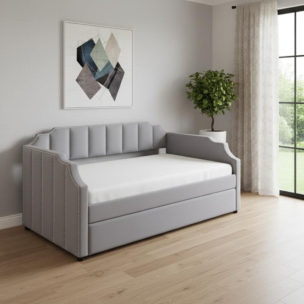 HomeRoots Gray Upholstered Twin Bed Frame - Stylish Comfort with Durable Support for Small Spaces & Guest Rooms 602026