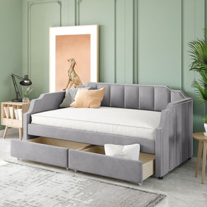 HomeRoots Gray Upholstered Twin Bed Frame - Stylish Comfort with Durable Support for Small Spaces & Guest Rooms 602026