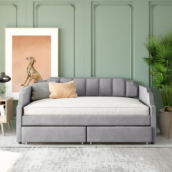 HomeRoots Gray Upholstered Twin Bed Frame - Stylish Comfort with Durable Support for Small Spaces & Guest Rooms 602026