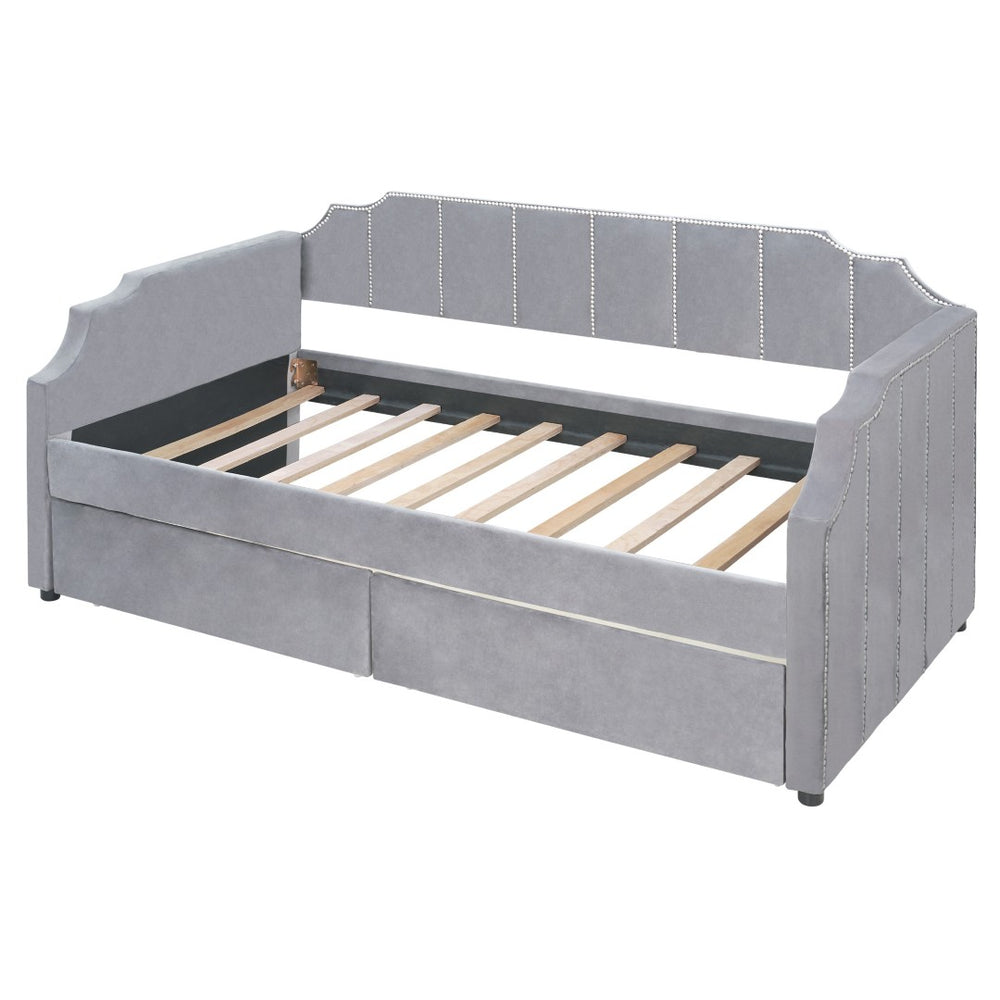 HomeRoots Gray Upholstered Twin Bed Frame - Stylish Comfort with Durable Support for Small Spaces & Guest Rooms 602026