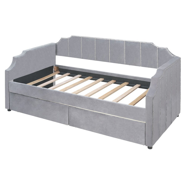 HomeRoots Gray Upholstered Twin Bed Frame - Stylish Comfort with Durable Support for Small Spaces & Guest Rooms 602026