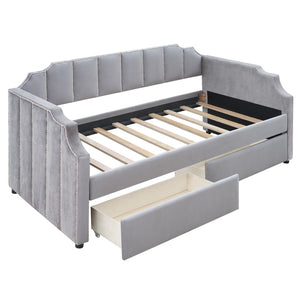 HomeRoots Gray Upholstered Twin Bed Frame - Stylish Comfort with Durable Support for Small Spaces & Guest Rooms 602026