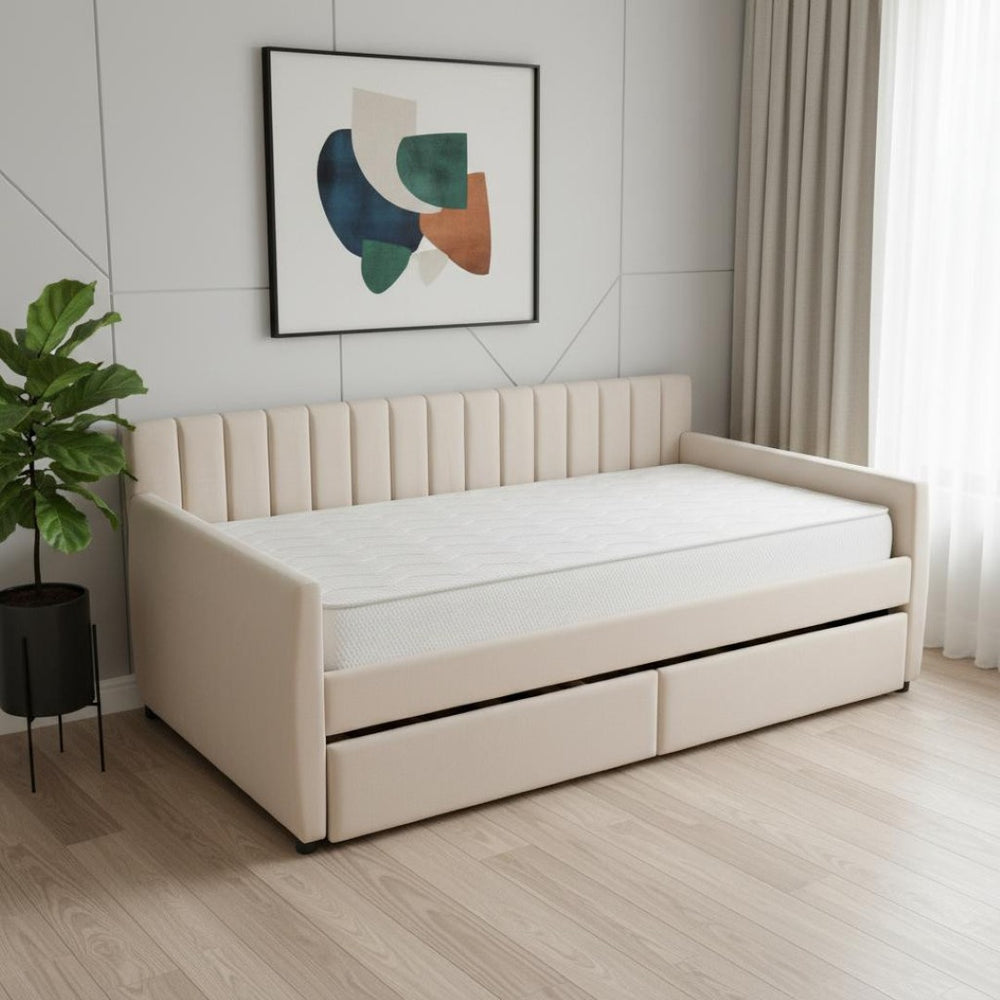 HomeRoots Beige Upholstered Twin Bed Frame with Storage Drawers – Stylish, Functional, and Space-Saving Design 602027