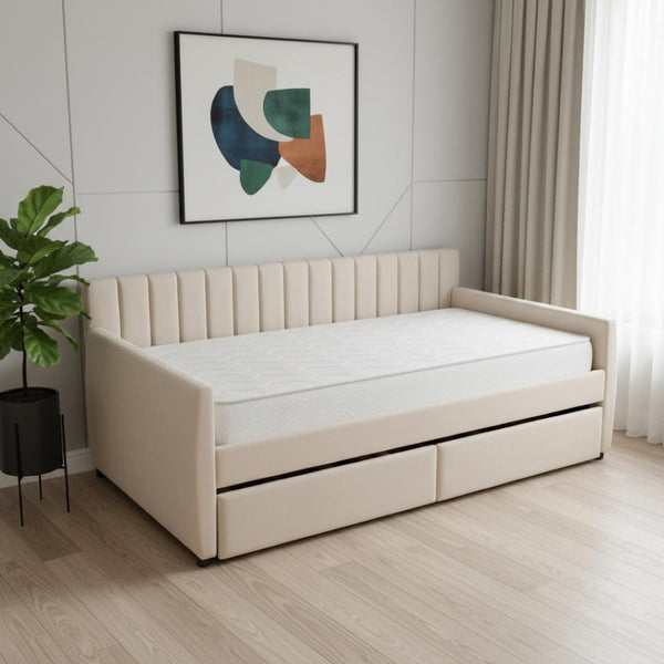 HomeRoots Beige Upholstered Twin Bed Frame with Storage Drawers – Stylish, Functional, and Space-Saving Design 602027