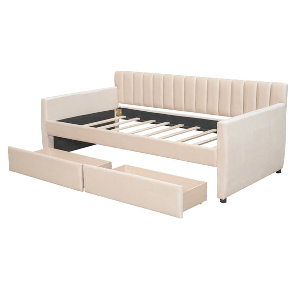 HomeRoots Beige Upholstered Twin Bed Frame with Storage Drawers – Stylish, Functional, and Space-Saving Design 602027