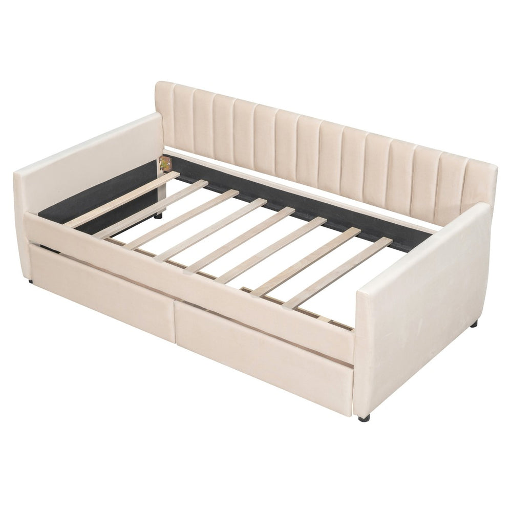 HomeRoots Beige Upholstered Twin Bed Frame with Storage Drawers – Stylish, Functional, and Space-Saving Design 602027