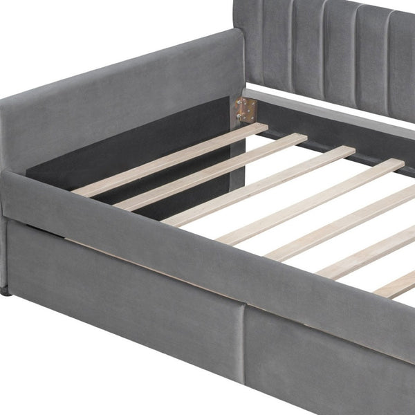 HomeRoots Gray Upholstered Twin Bed Frame with Storage Drawers - Modern Design for Small Spaces & Guest Rooms 602028