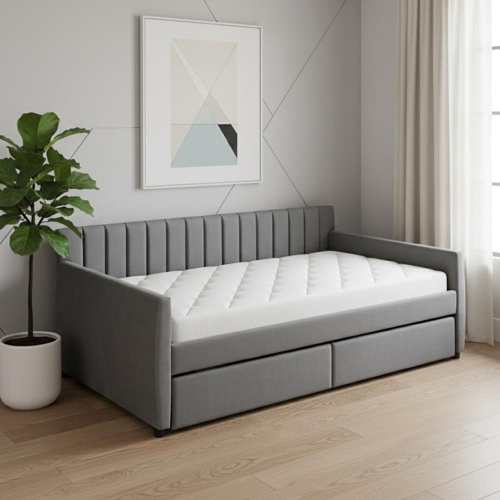 HomeRoots Gray Upholstered Twin Bed Frame with Storage Drawers - Modern Design for Small Spaces & Guest Rooms 602028