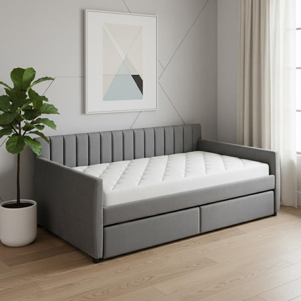 HomeRoots Gray Upholstered Twin Bed Frame with Storage Drawers - Modern Design for Small Spaces & Guest Rooms 602028