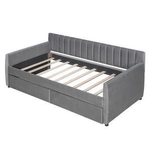 HomeRoots Gray Upholstered Twin Bed Frame with Storage Drawers - Modern Design for Small Spaces & Guest Rooms 602028