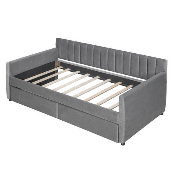 HomeRoots Gray Upholstered Twin Bed Frame with Storage Drawers - Modern Design for Small Spaces & Guest Rooms 602028