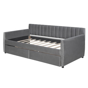 HomeRoots Gray Upholstered Twin Bed Frame with Storage Drawers - Modern Design for Small Spaces & Guest Rooms 602028
