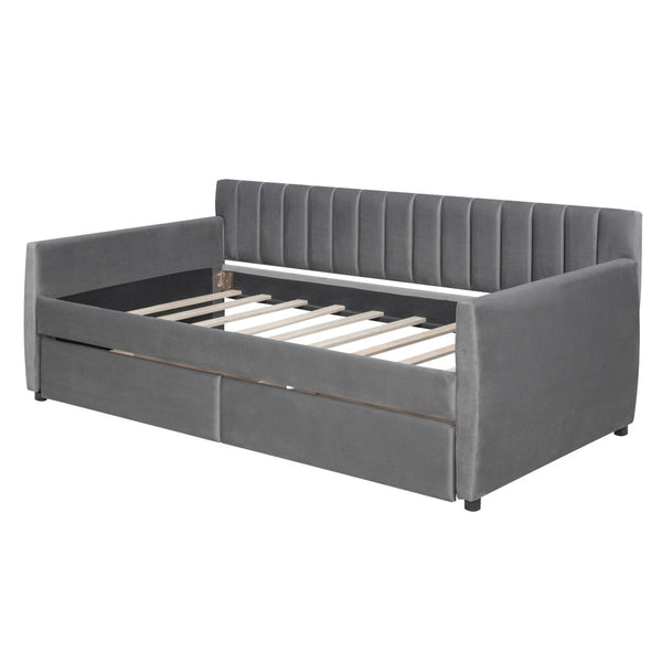 HomeRoots Gray Upholstered Twin Bed Frame with Storage Drawers - Modern Design for Small Spaces & Guest Rooms 602028