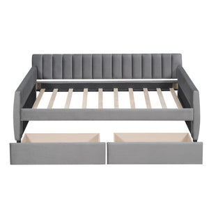 HomeRoots Gray Upholstered Twin Bed Frame with Storage Drawers - Modern Design for Small Spaces & Guest Rooms 602028