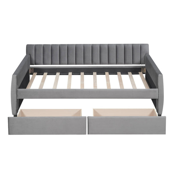 HomeRoots Gray Upholstered Twin Bed Frame with Storage Drawers - Modern Design for Small Spaces & Guest Rooms 602028