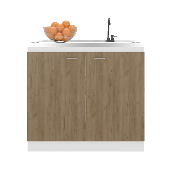 English Elm Zurich Freestanding Stainless Steel Utility Sink with Black Storage Cabinet for Garage Natural+White B200S00456