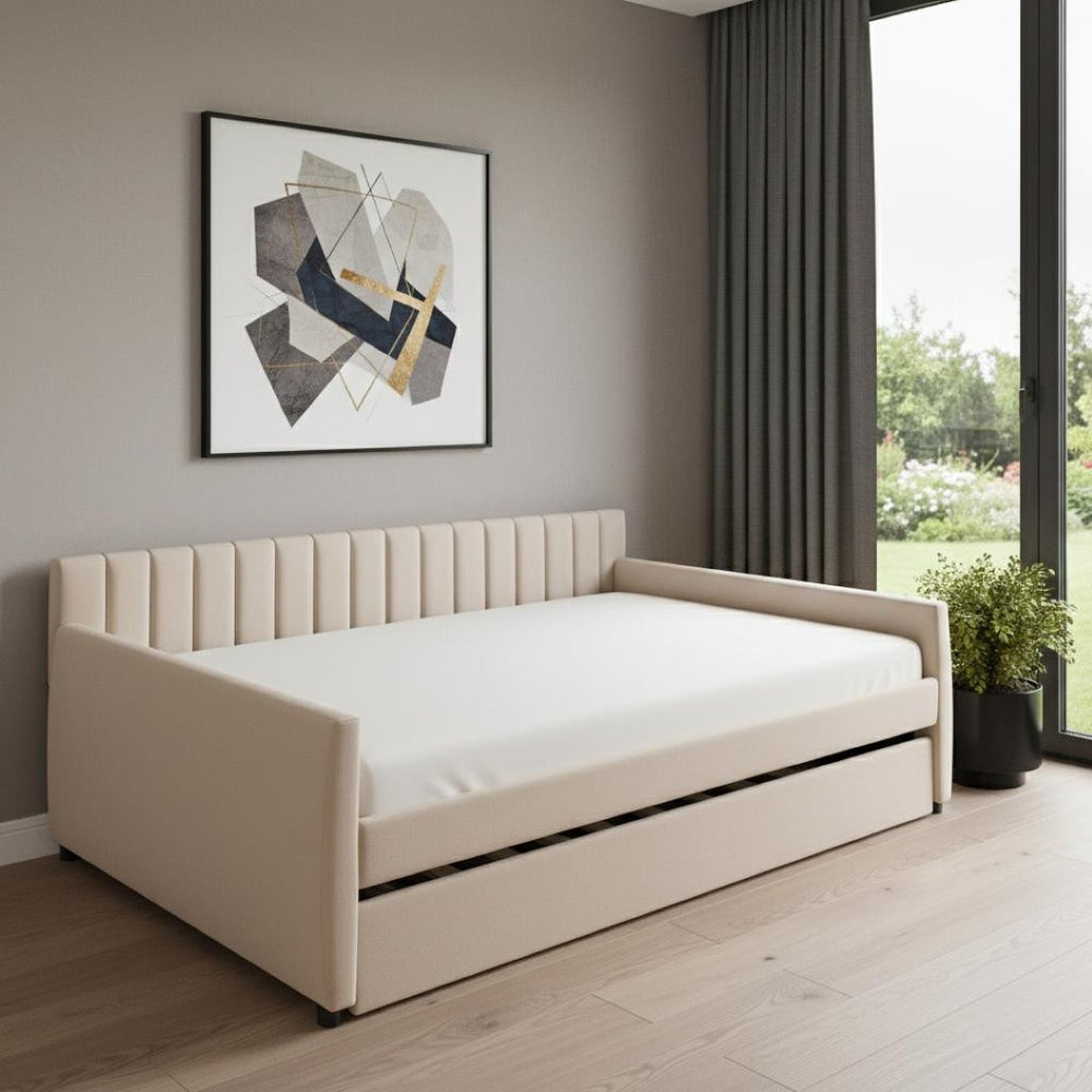 HomeRoots Beige Tufted Full Day Bed with Trundle - Stylish Versatile Comfort for Guest Rooms and Living Spaces 602029
