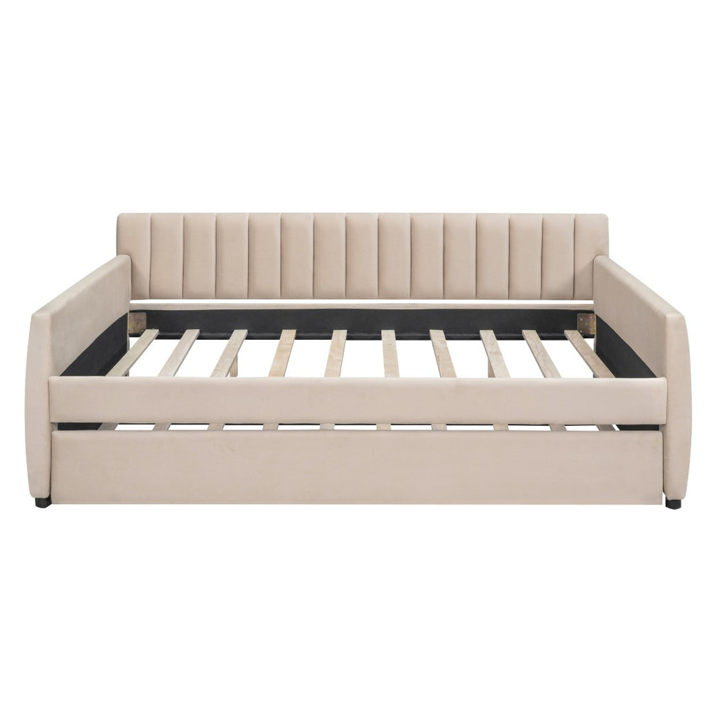 HomeRoots Beige Tufted Full Day Bed with Trundle - Stylish Versatile Comfort for Guest Rooms and Living Spaces 602029