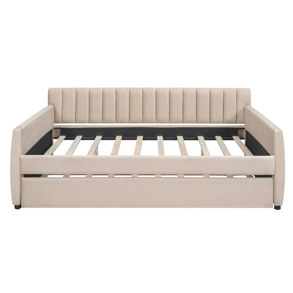 HomeRoots Beige Tufted Full Day Bed with Trundle - Stylish Versatile Comfort for Guest Rooms and Living Spaces 602029
