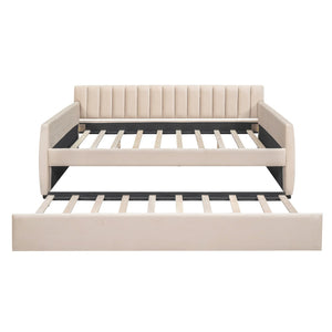 HomeRoots Beige Tufted Full Day Bed with Trundle - Stylish Versatile Comfort for Guest Rooms and Living Spaces 602029