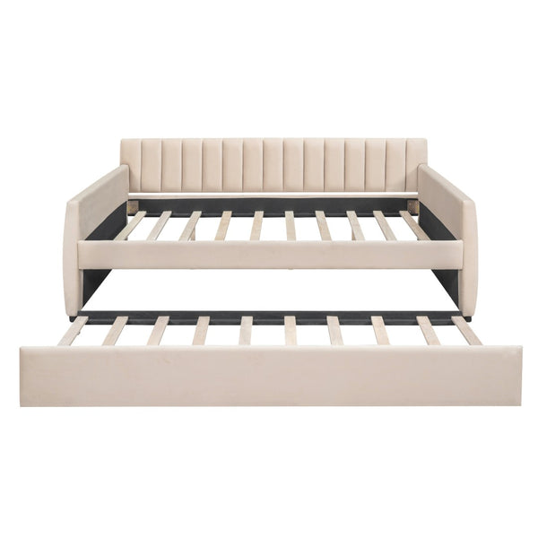 HomeRoots Beige Tufted Full Day Bed with Trundle - Stylish Versatile Comfort for Guest Rooms and Living Spaces 602029