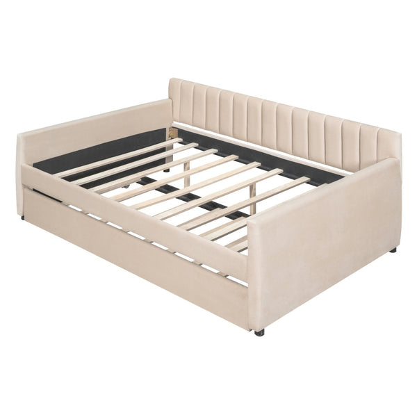 HomeRoots Beige Tufted Full Day Bed with Trundle - Stylish Versatile Comfort for Guest Rooms and Living Spaces 602029